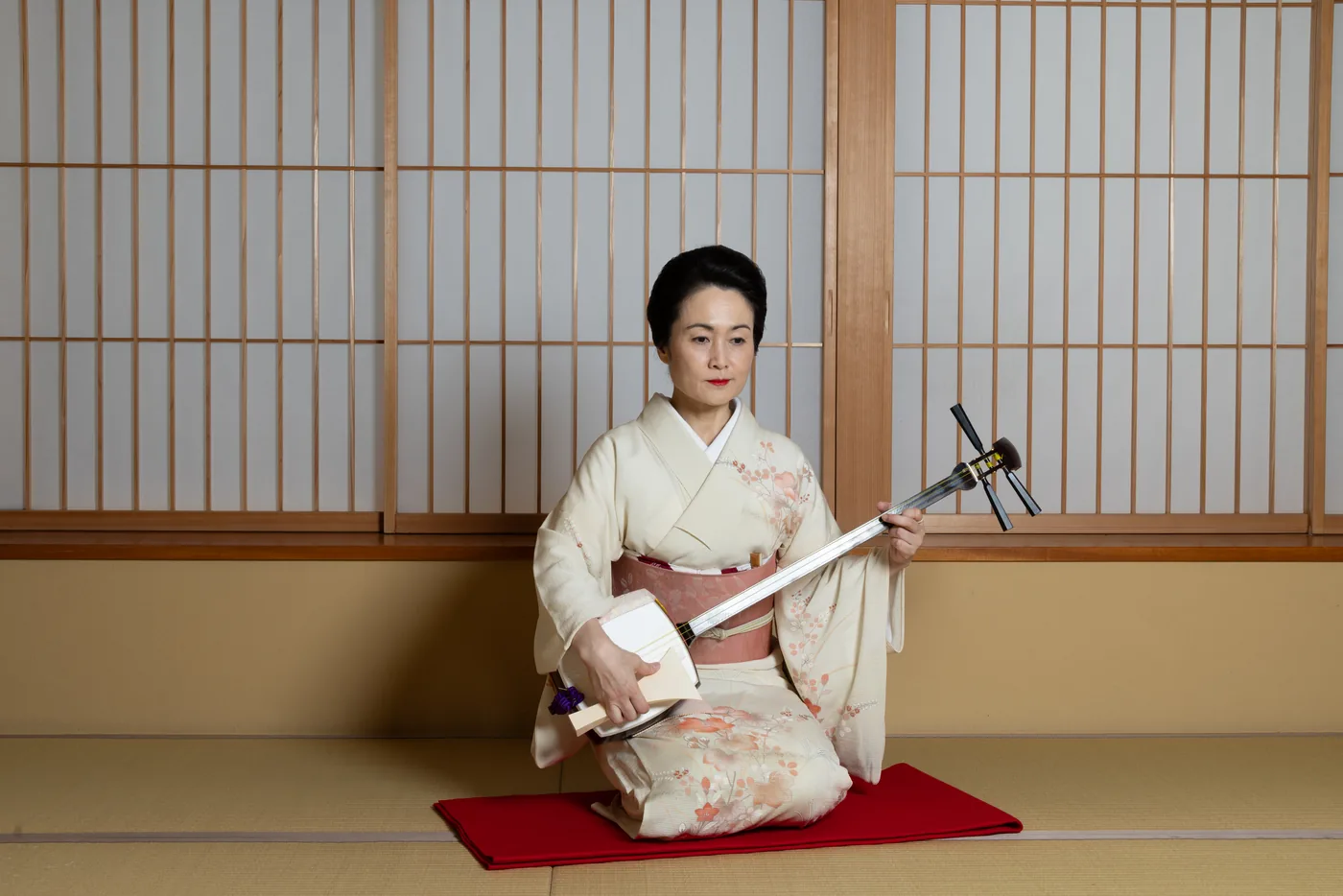 A geisha playing the shamisen, seated on a red felt mat in front of shoji screens.