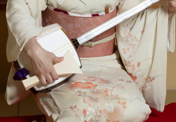 Close-up of the shamisen body and the hand holding the plectrum.