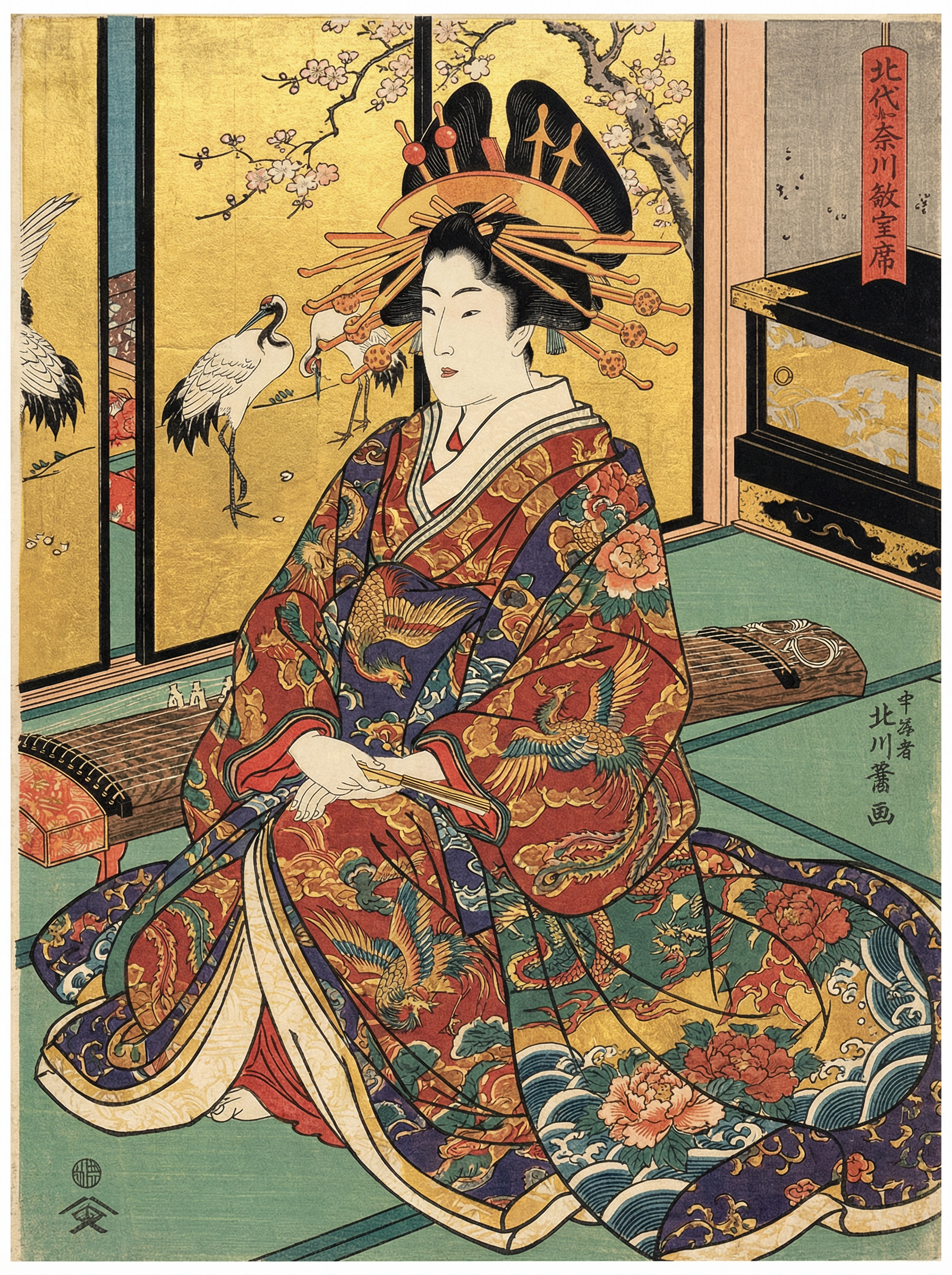 High-ranking oiran tayu courtesan depicted in a traditional Japanese ukiyo-e woodblock print wearing elaborate kimono and kanzashi hairpins