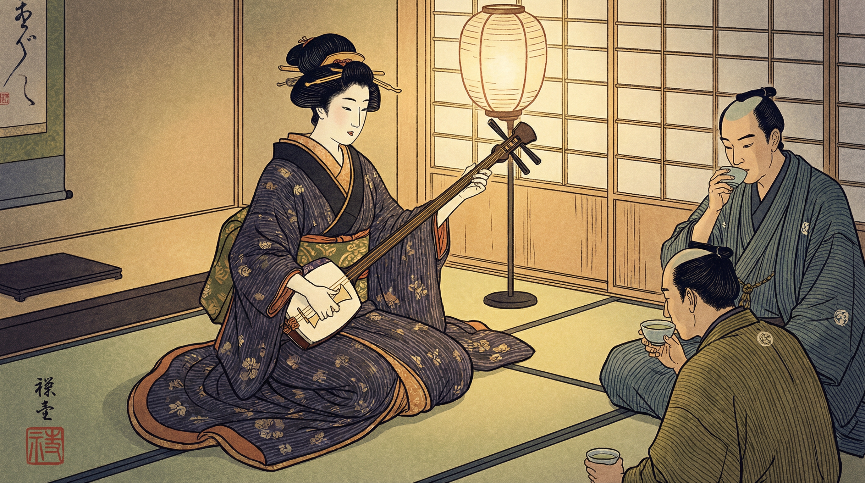 Historical depiction of geisha culture during the Edo period