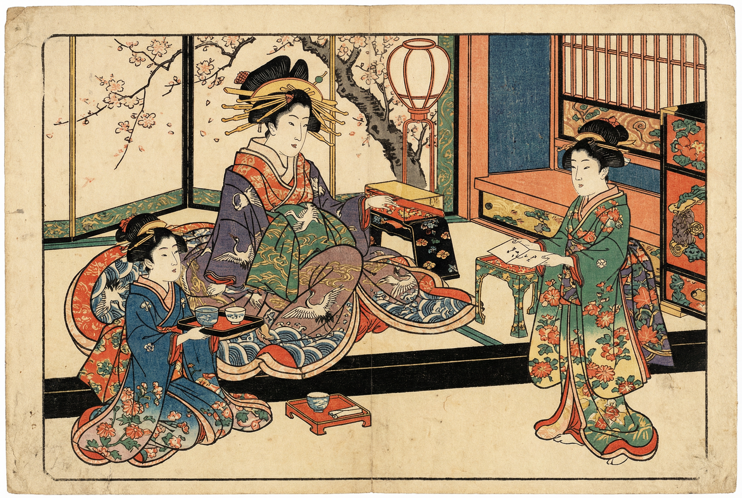 Kamuro child attendants and shinzo apprentice courtesans serving a senior oiran in the Yoshiwara pleasure quarter