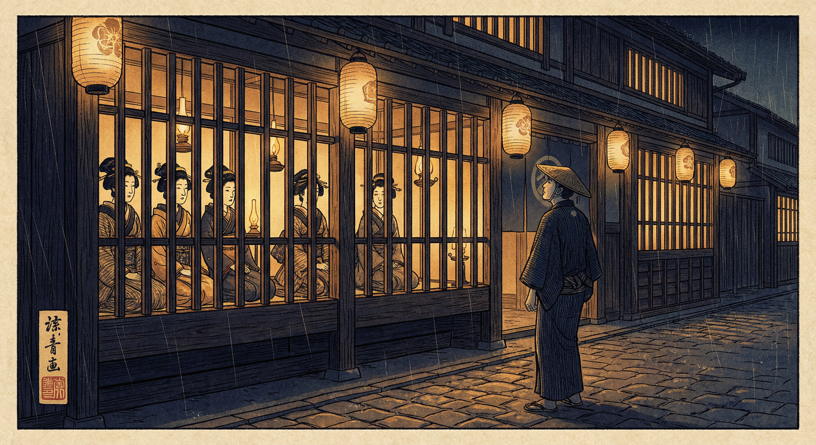 Yoshiwara courtesans behind latticed display windows harimise where clients viewed women in the Edo-period pleasure quarter