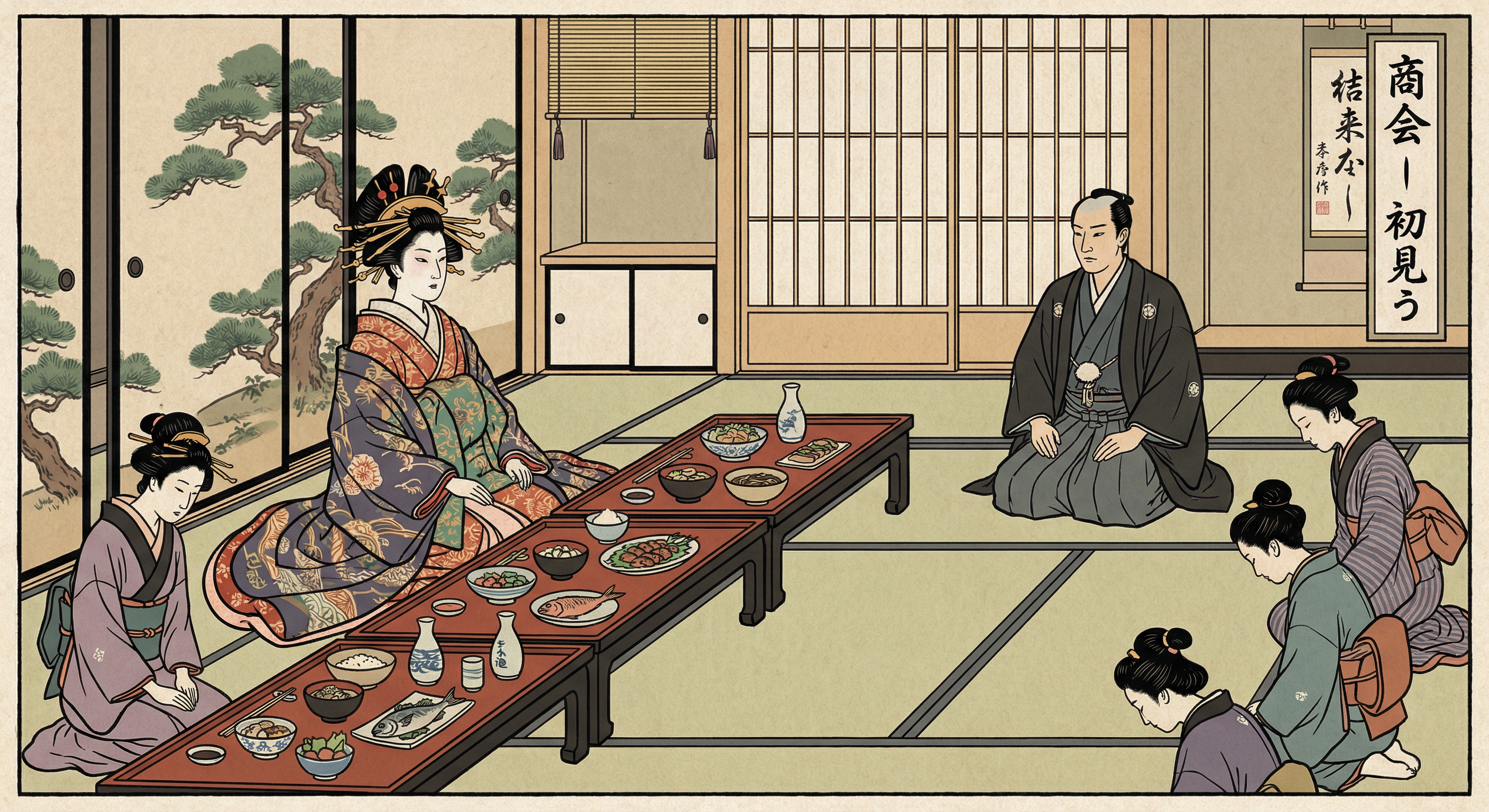 Oiran courtesan at a shokai first meeting ceremony seated apart from the client at a Yoshiwara teahouse banquet