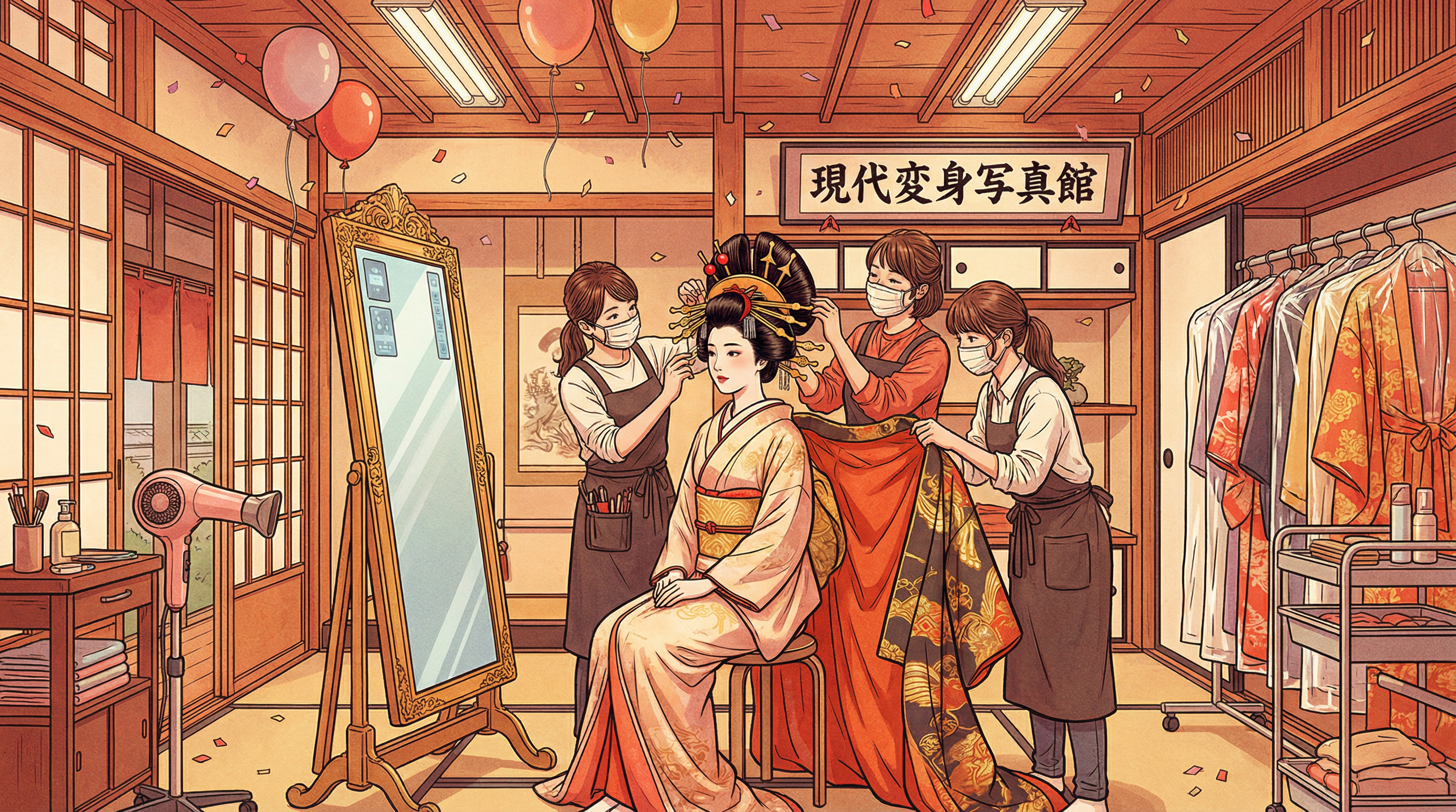 Oiran henshin transformation photo studio experience in Japan with visitor dressed in full courtesan regalia and traditional hairstyle