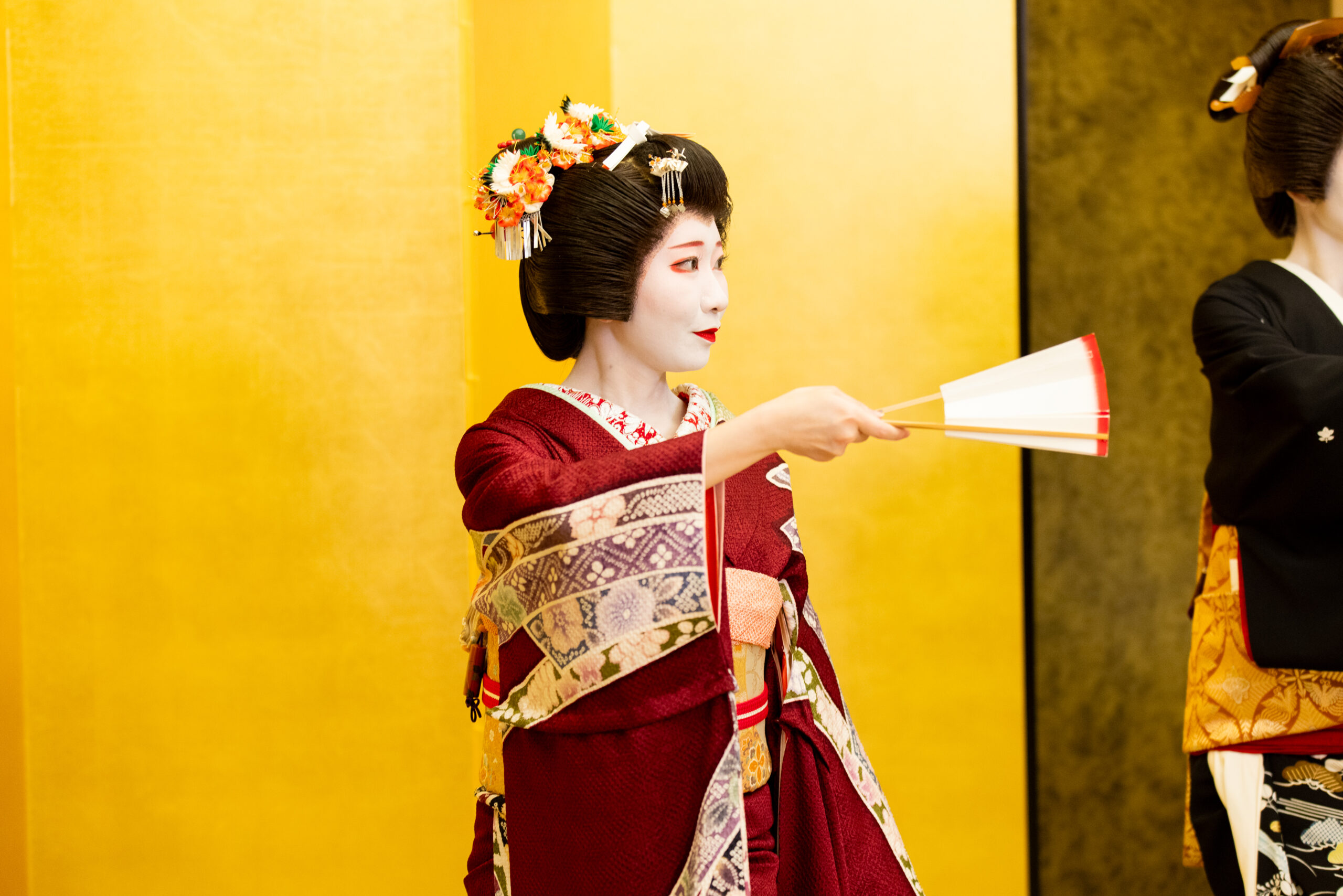 Young maiko or hangyoku junior geisha practicing shamisen during daily training session