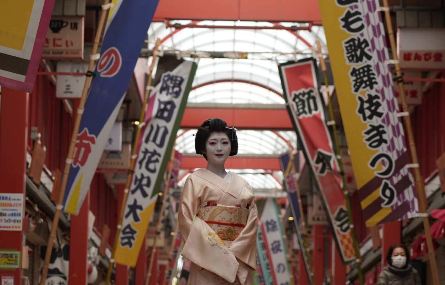 A geisha in kimono walking through the historic streets of Asakusa, one of Tokyo's six geisha districts