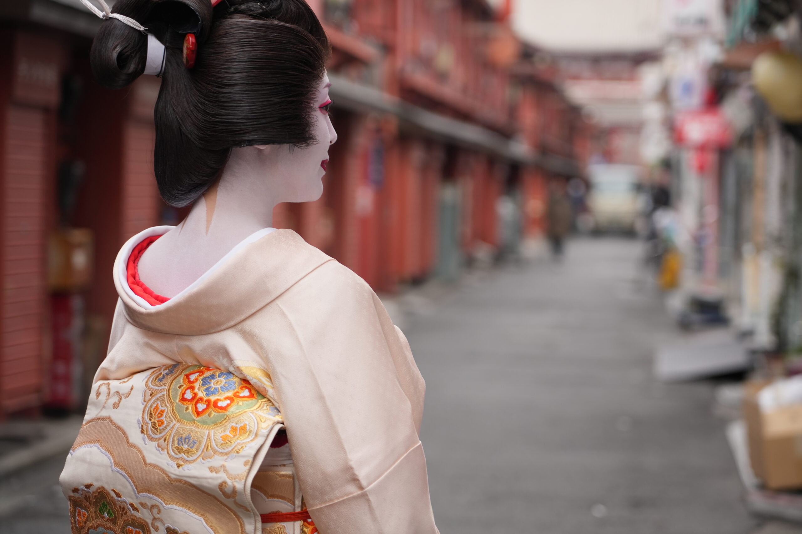 Traditional street in Asakusa's hanamachi geisha district near Miyakodori