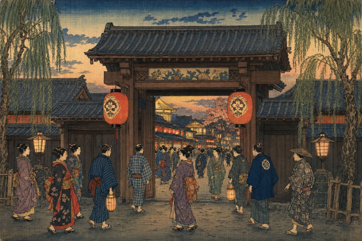 People in traditional kimonos walk through a wooden gate on a lantern-lit street at dusk .