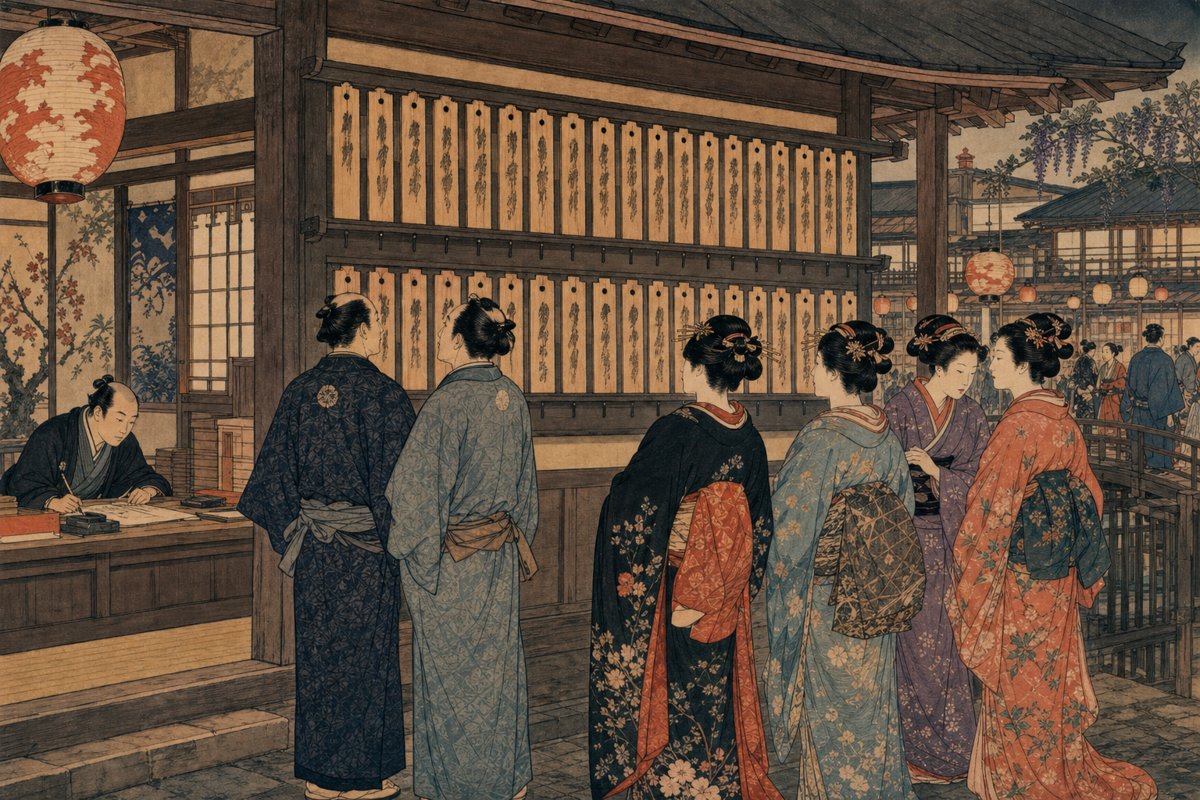 Ukiyo-e illustration of an Edo-period kenban registry office in the Yoshiwara, where geisha and courtesans were listed on separate name boards