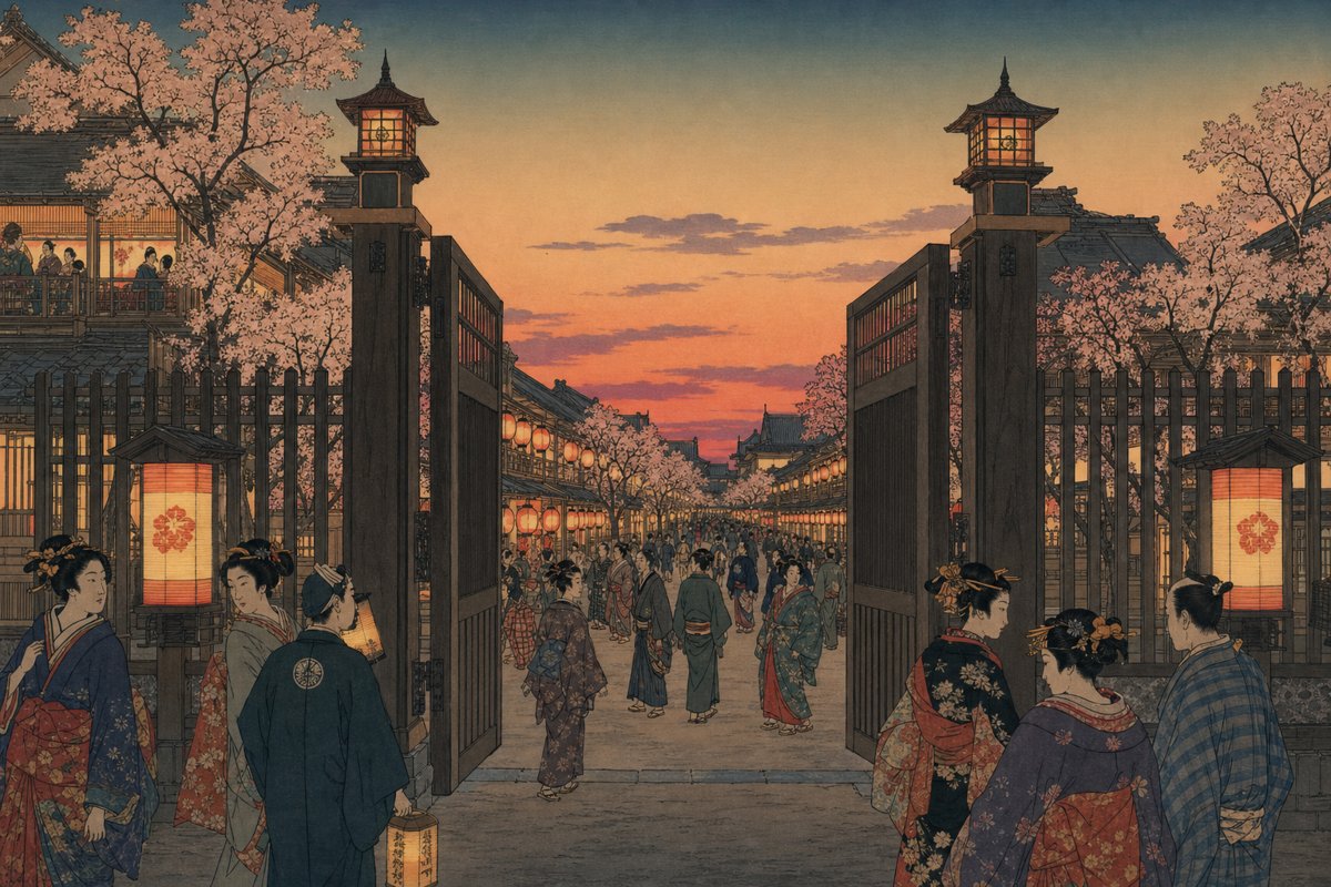 Ukiyo-e illustration of the Yoshiwara pleasure quarter with the Omon gate and lantern-lit Naka-no-cho boulevard
