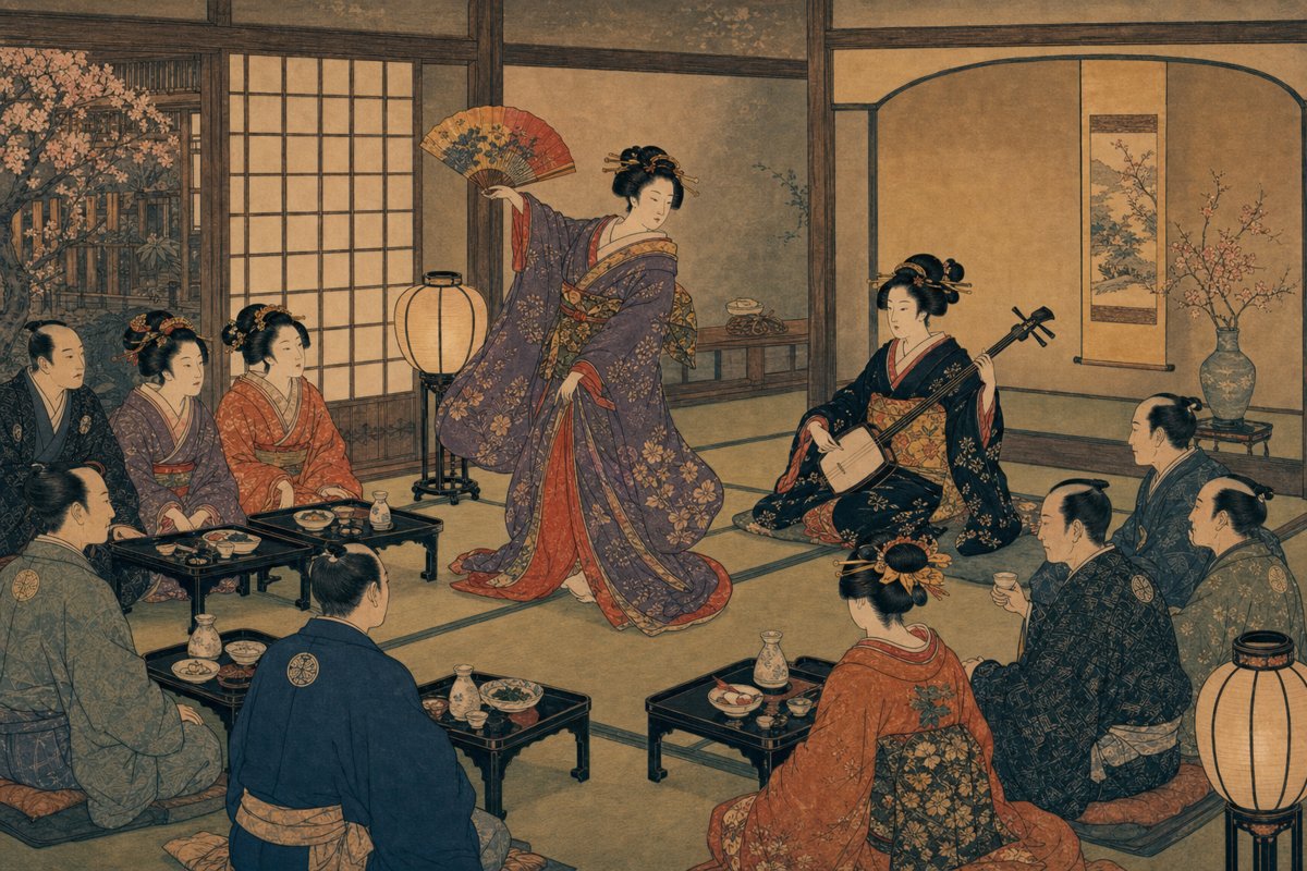 Ukiyo-e illustration of a geisha playing shamisen at an ozashiki banquet in Edo-period Japan