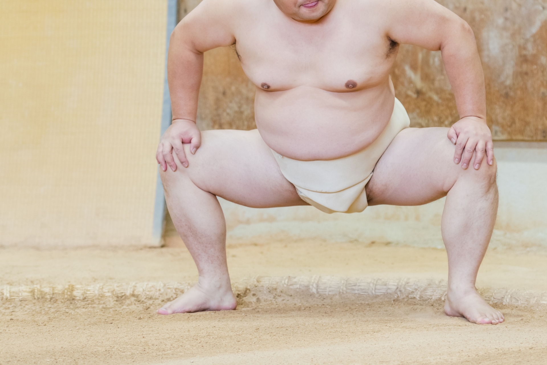 A sumo wrestler in a white mawashi holding a deep training stance on the clay ring