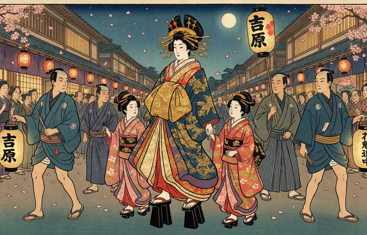 A festival procession on a lantern-lit street: a tall woman in an ornate gold-and-blue kimono on platform shoes leads, flanked by attendants in pink kimonos and many onlookers.