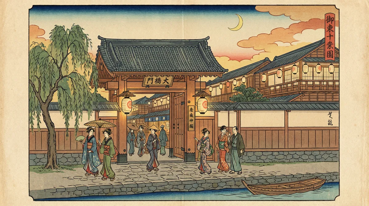 Historical illustration of Asakusa during the Edo period with temple and townspeople