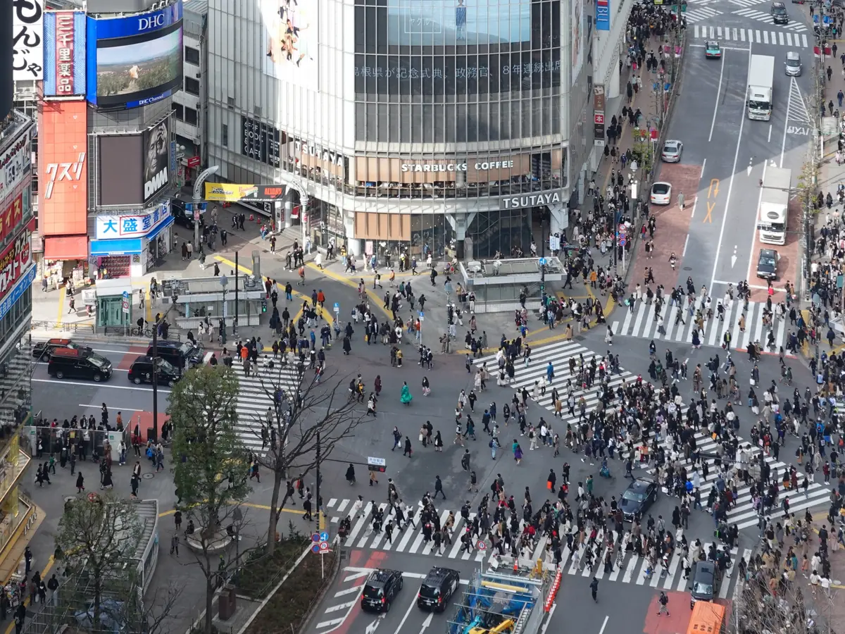 Shibuya Crossing from above — Tokyo's iconic intersection in 2026