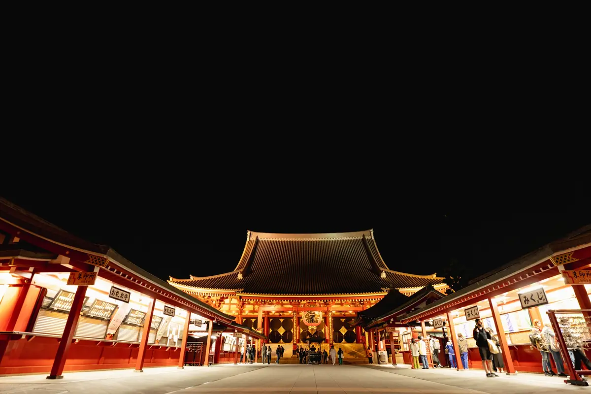 Senso-ji temple night illumination Asakusa glowing red lanterns