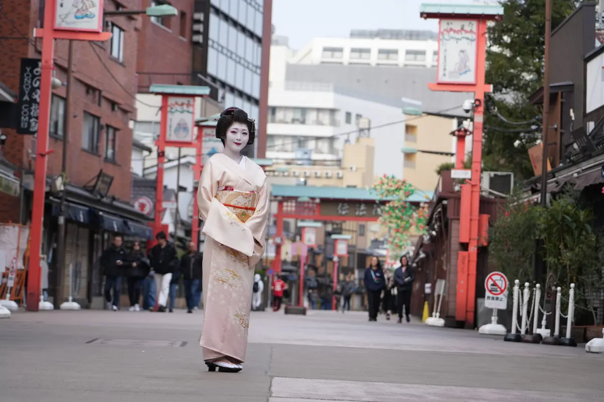 geisha in full kimono providing omotenashi hospitality at traditional teahouse