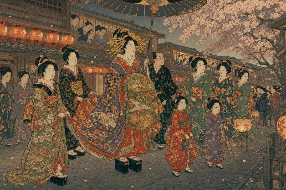Ukiyo-e illustration of an oiran-dochu procession, a high-ranking Yoshiwara courtesan in elaborate kimono