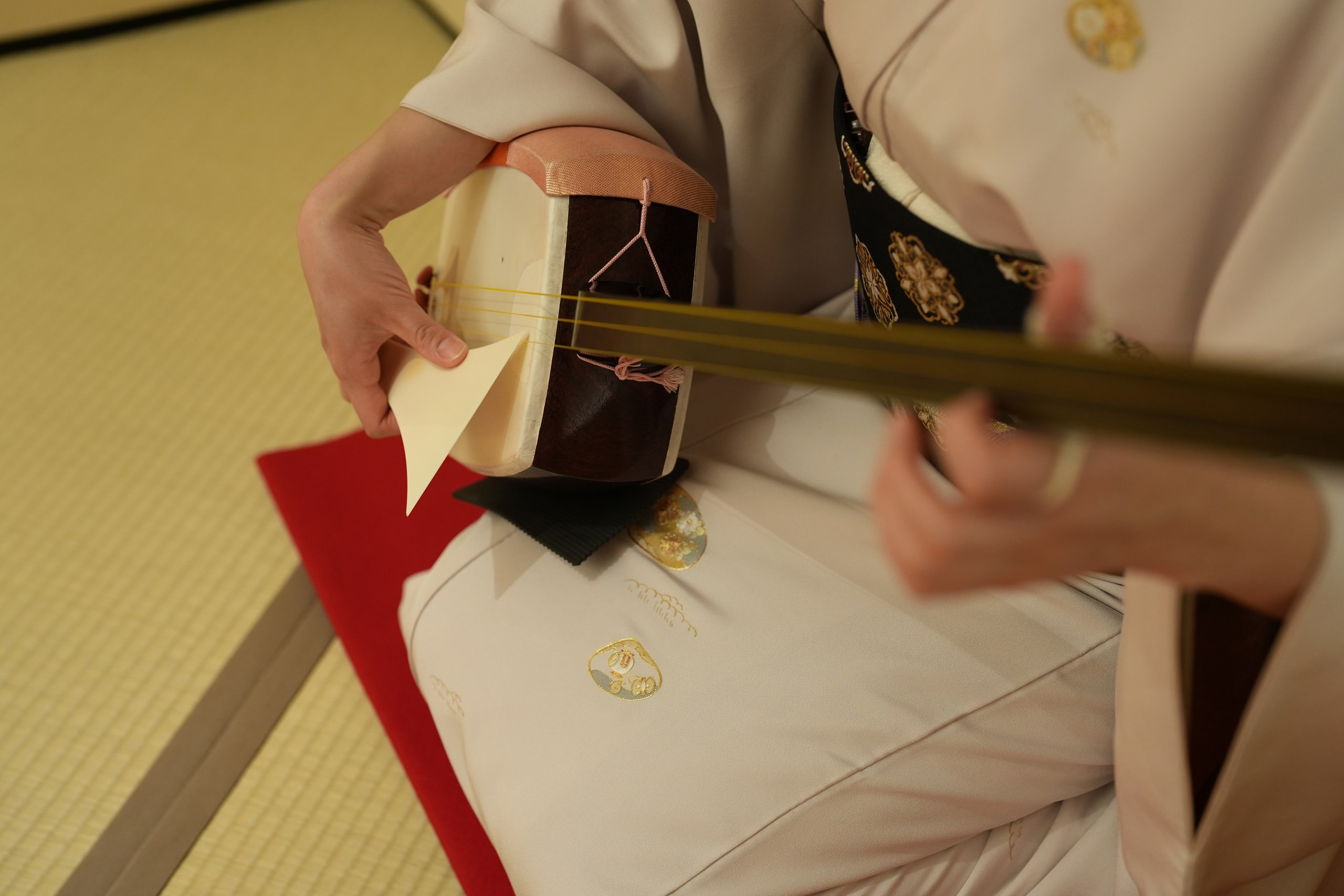 A geisha playing the shamisen, the three-stringed lute struck with a large bachi plectrum — the defining instrument of the ozashiki banquet