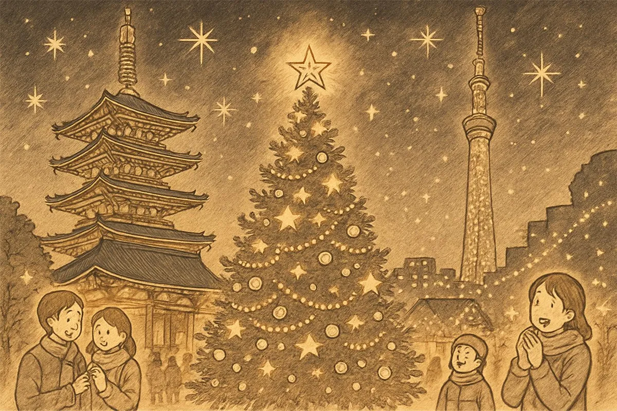 Illustration of a large decorated Christmas tree between a pagoda and a tall tower, with families in winter coats celebrating at night.