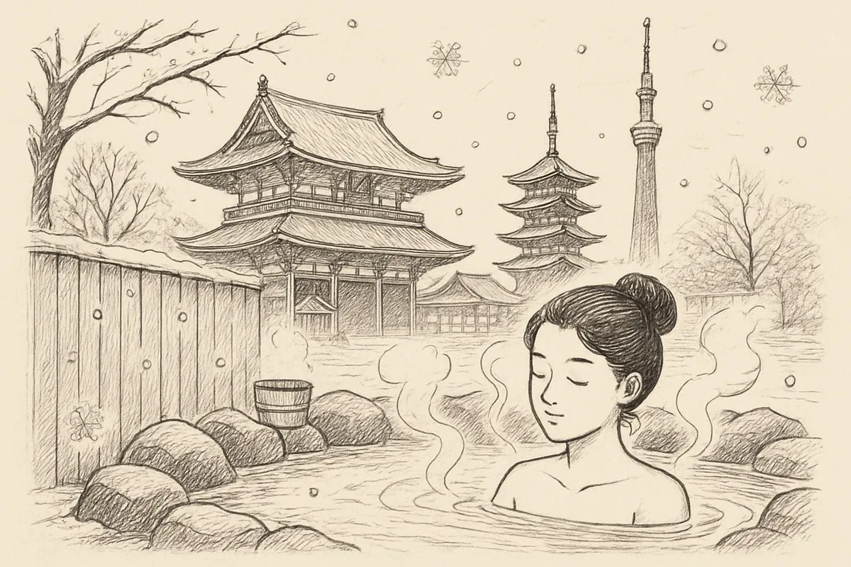 Woman bathing in an outdoor hot spring with steam, foreground rocks and fence; in the background a traditional Japanese temple, pagoda, a tall tower, bare trees, and falling snow.