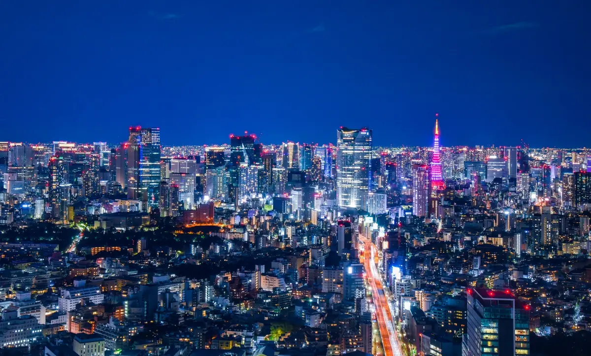 Tokyo skyline at night viewed from a luxury restaurant high above the city