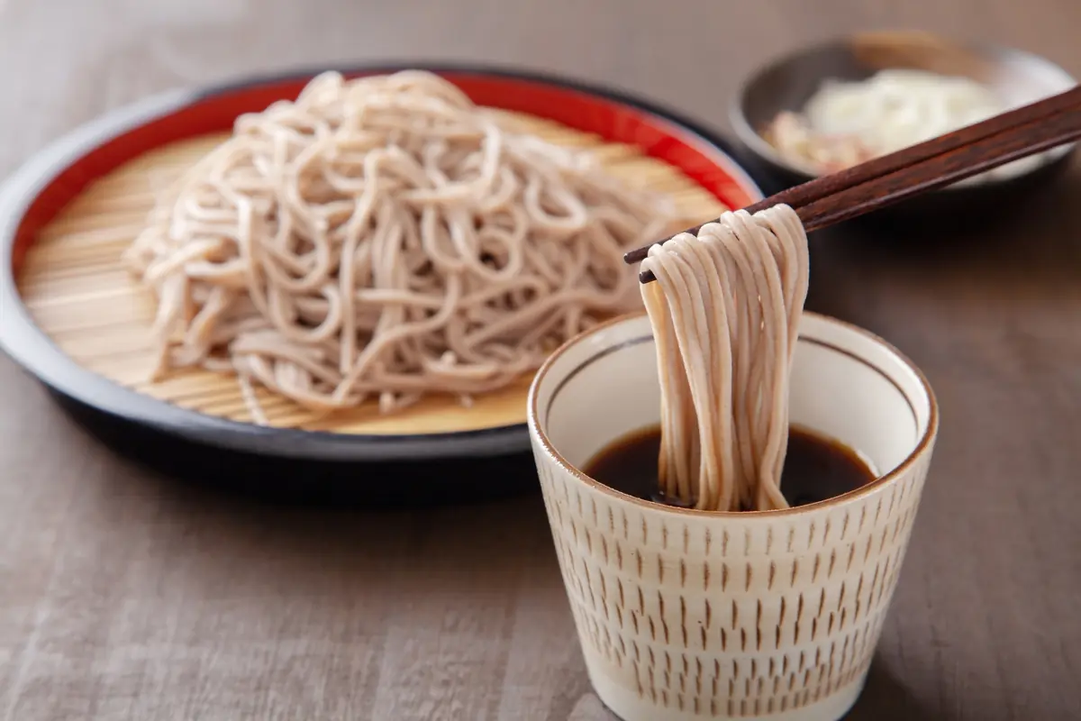 Traditional Edo-style soba noodles with dipping sauce at Yabusoba