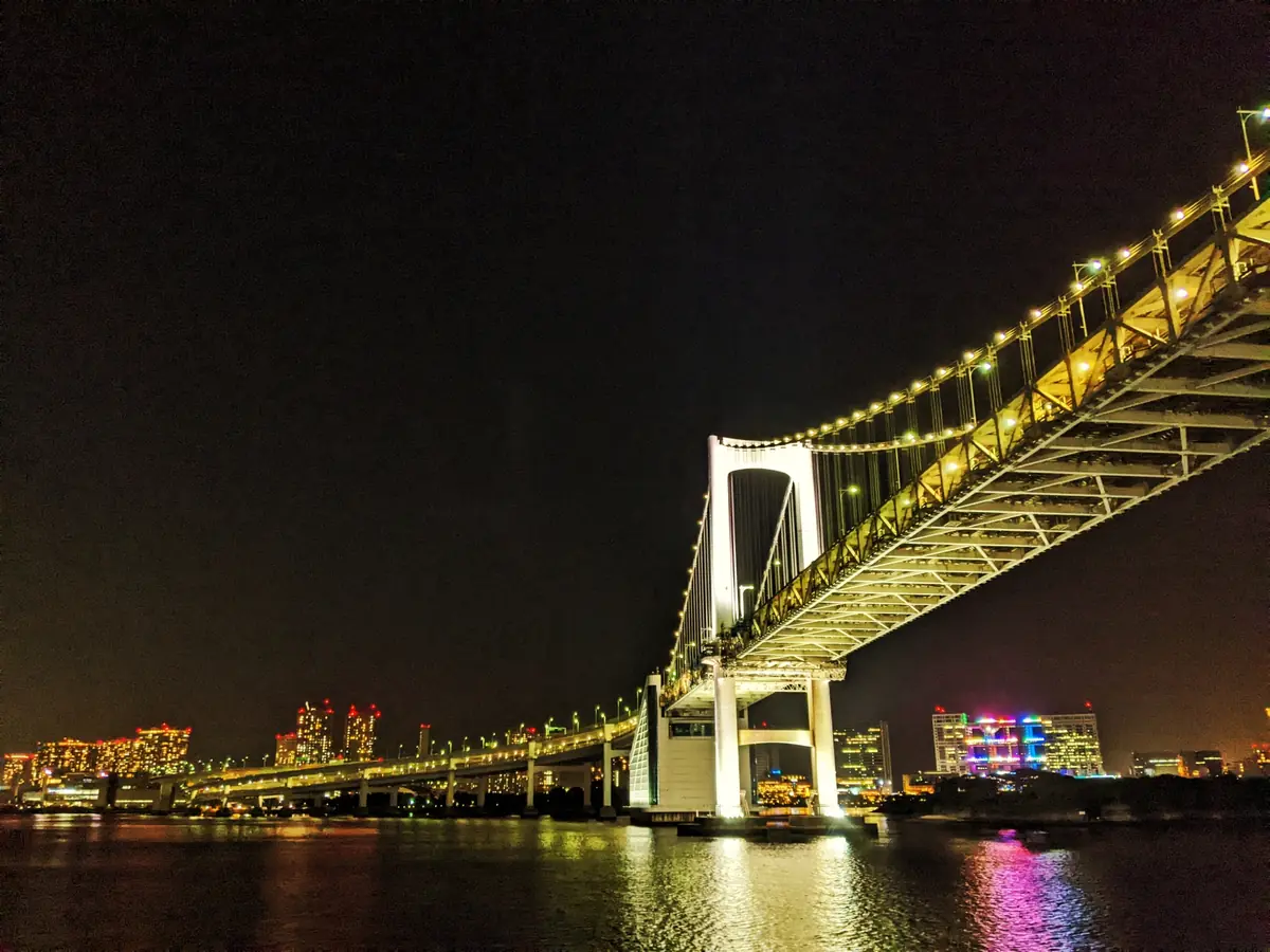 Tokyo Bay dinner cruise with Rainbow Bridge and Skytree lit up at night