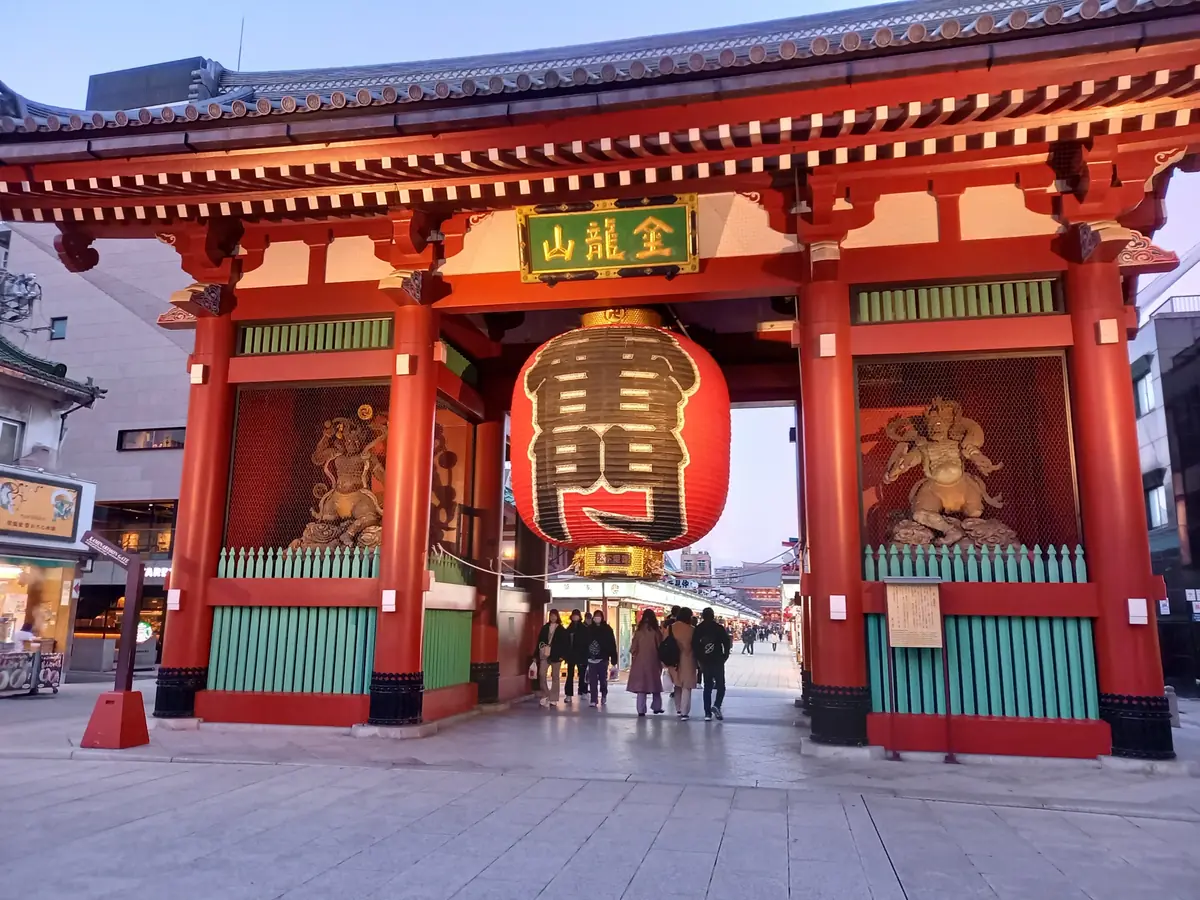 Sensoji temple Kaminarimon gate illuminated at dusk in Asakusa Tokyo