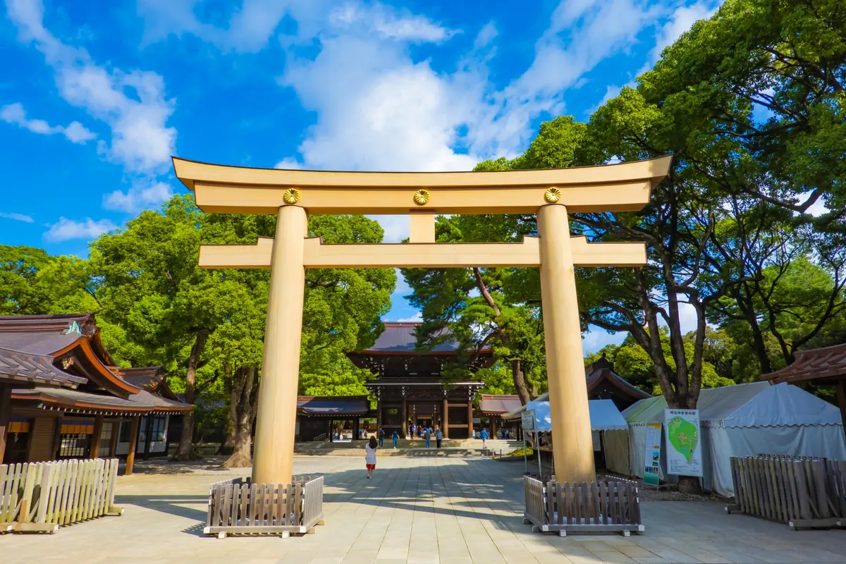 Meiji Jingu shrine torii gate in Tokyo — forested path