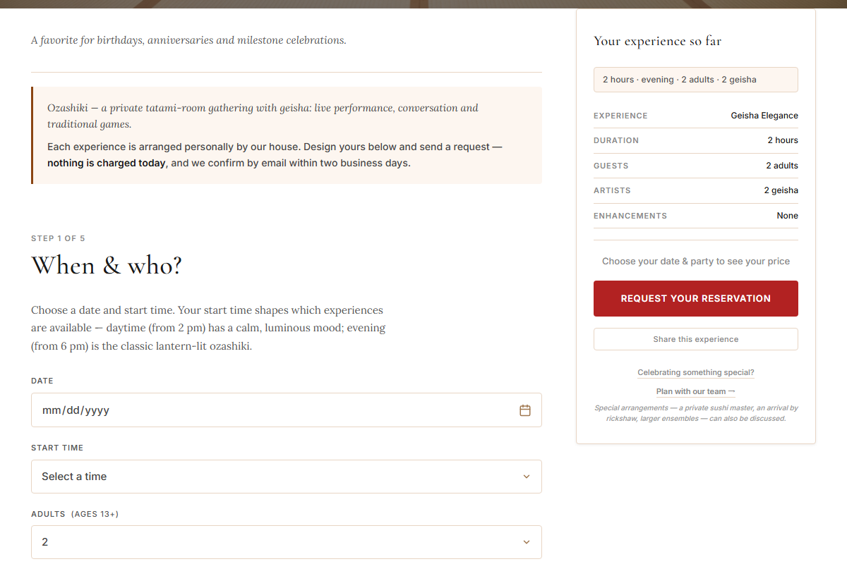 Booking a geisha experience online at Miyakodori Asakusa via our online reservation form