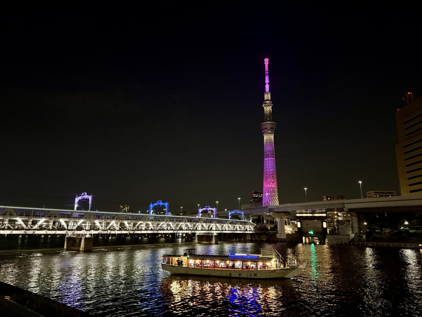A traditional yakatabune boat on the Sumida River at night, with Tokyo Skytree lit up beyond