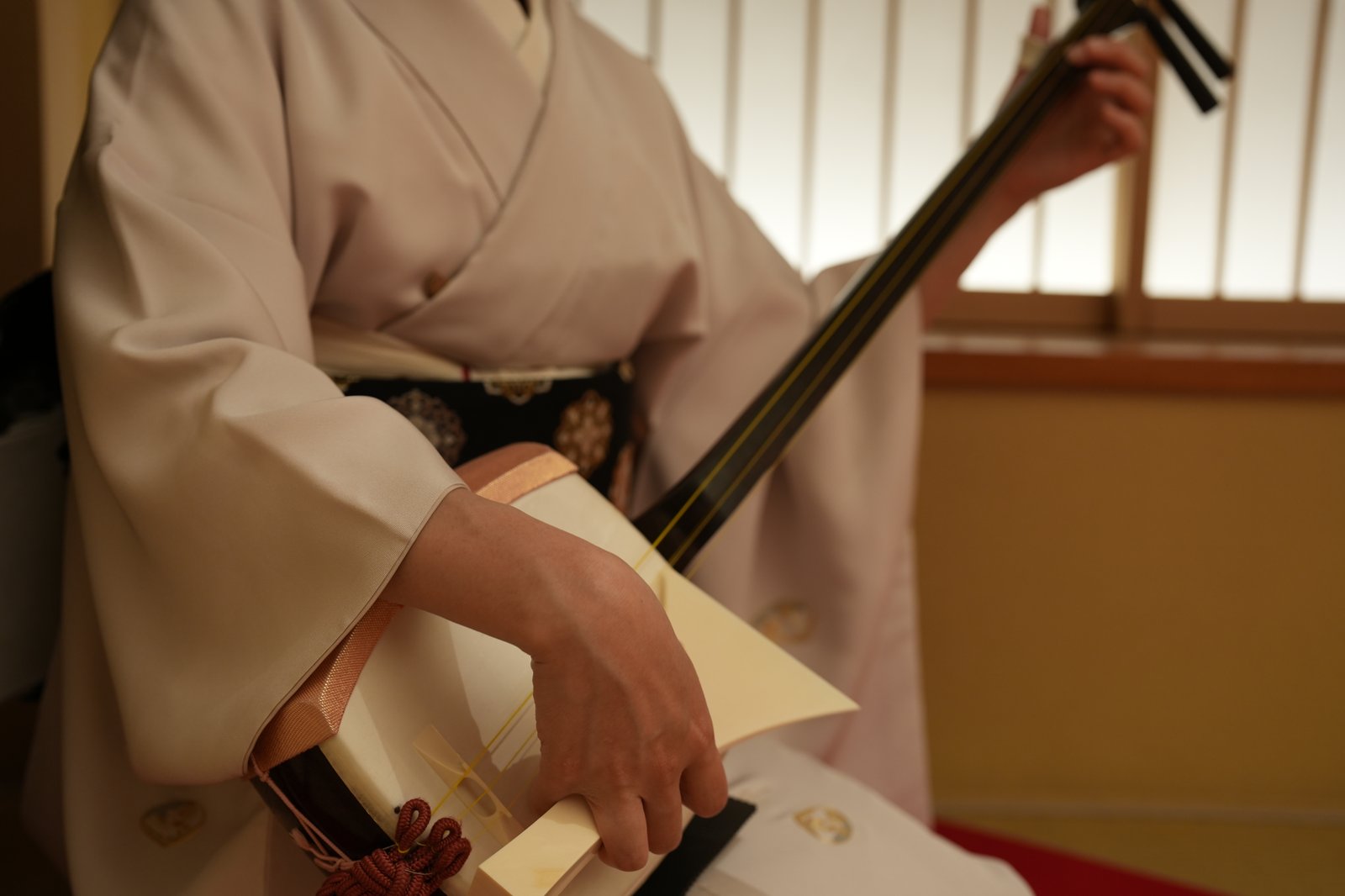 An Asakusa geisha playing shamisen in an understated kimono, the restrained Tokyo aesthetic called iki