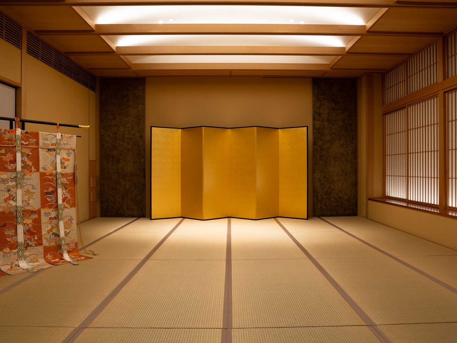 The Hiroma, Miyakodori's largest second-floor room, laid out with tables and chairs for a large party
