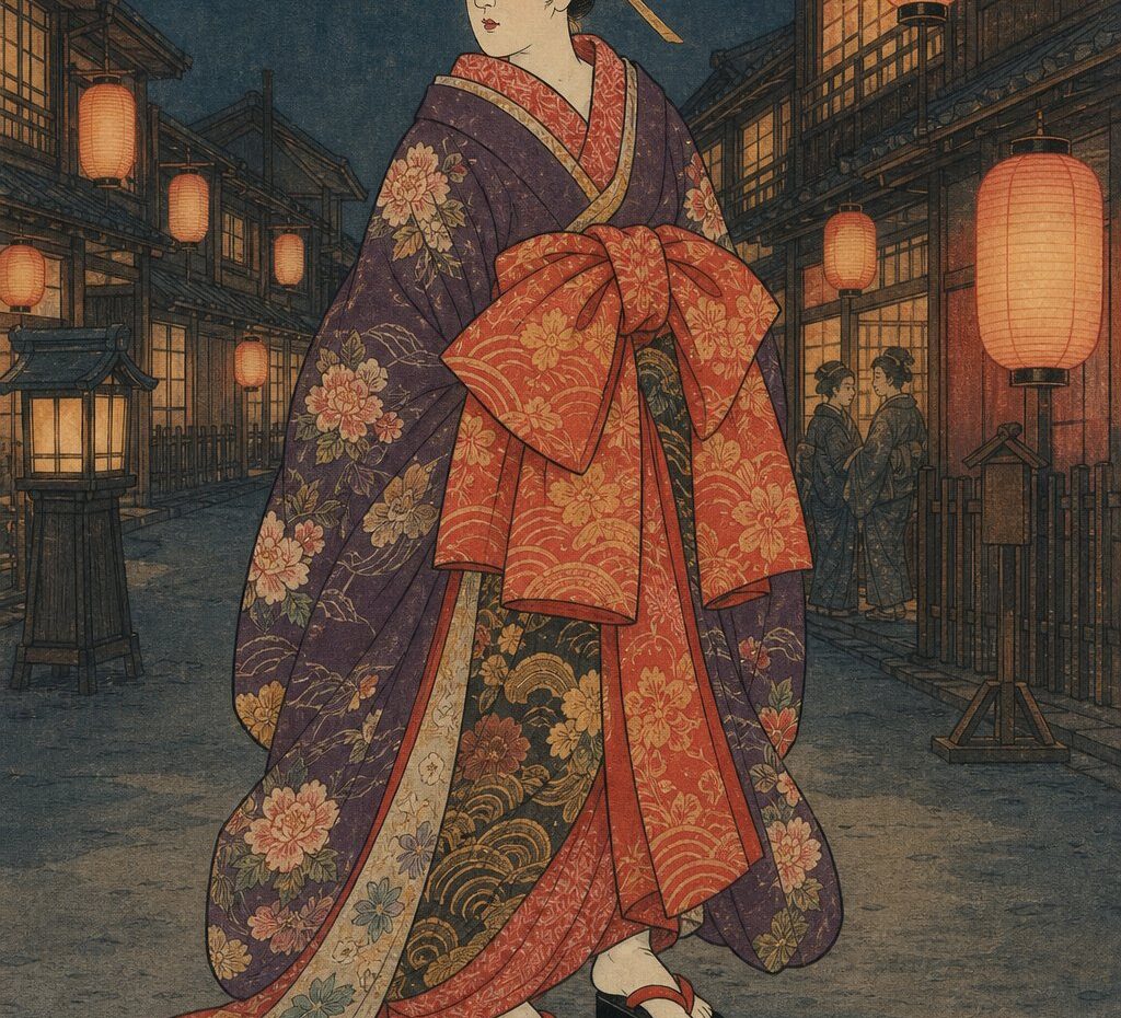 Ukiyo-e style illustration of an Edo-period oiran in full dress, obi tied at the front