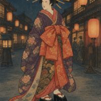 Ukiyo-e style illustration of an Edo-period oiran in full dress, obi tied at the front