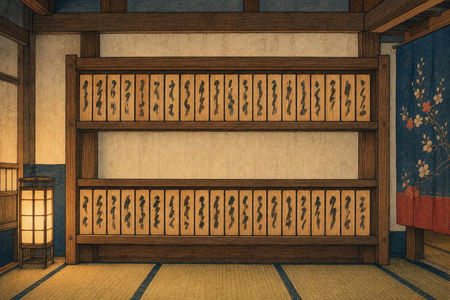 Ukiyo-e style illustration of a kenban registry rack, the name plaques of geisha and courtesans hung in two separate rows