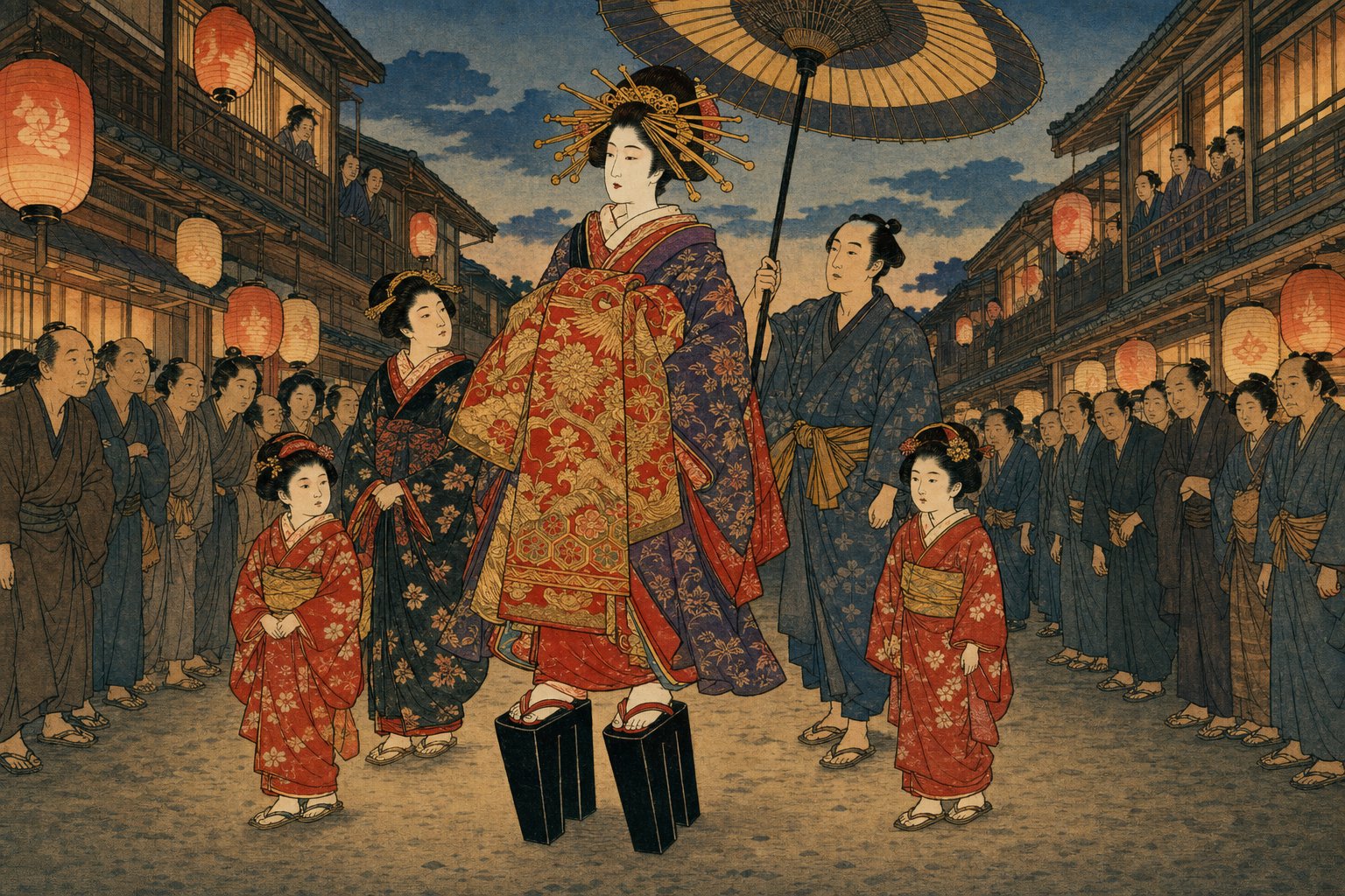 Ukiyo-e style illustration of an oiran dochu procession in the Yoshiwara