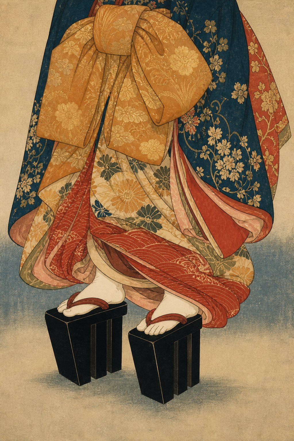 Ukiyo-e style illustration of an oiran's obi tied at the front and her tall black-lacquered three-toothed geta
