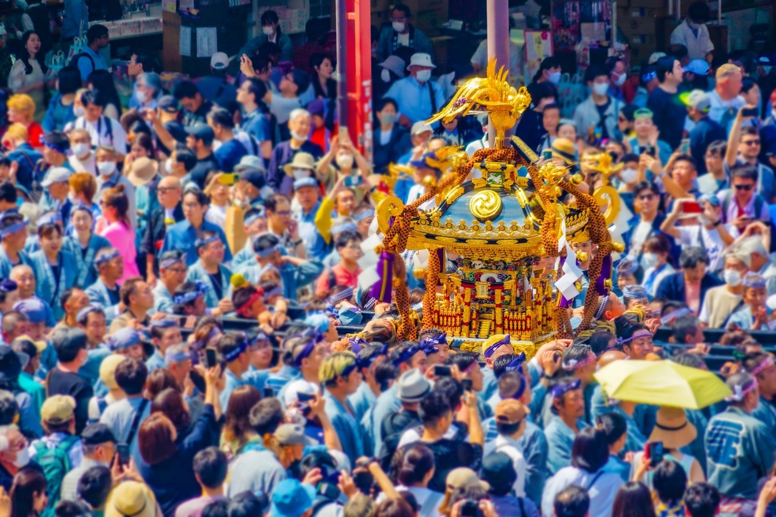 One of the three main mikoshi swaying through the torii gate of Asakusa Shrine at sunset on the final day of Sanja Matsuri