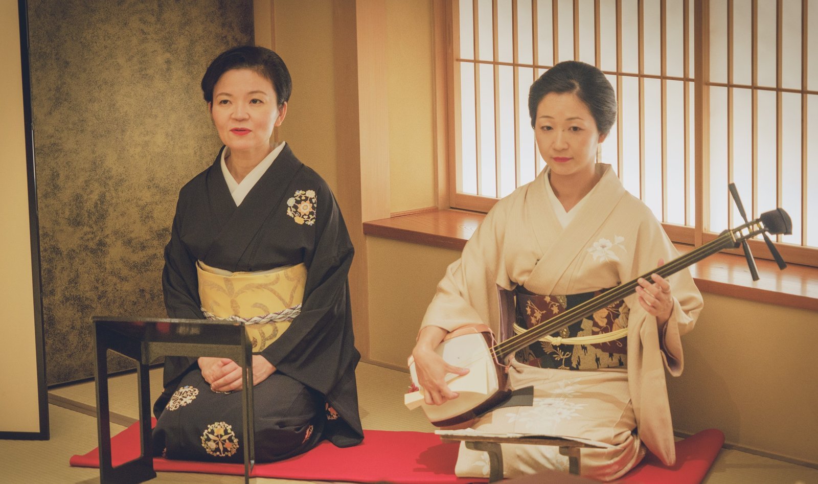 A geisha accompanying the dance on the shamisen, the three-stringed lute, at an ozashiki in Asakusa