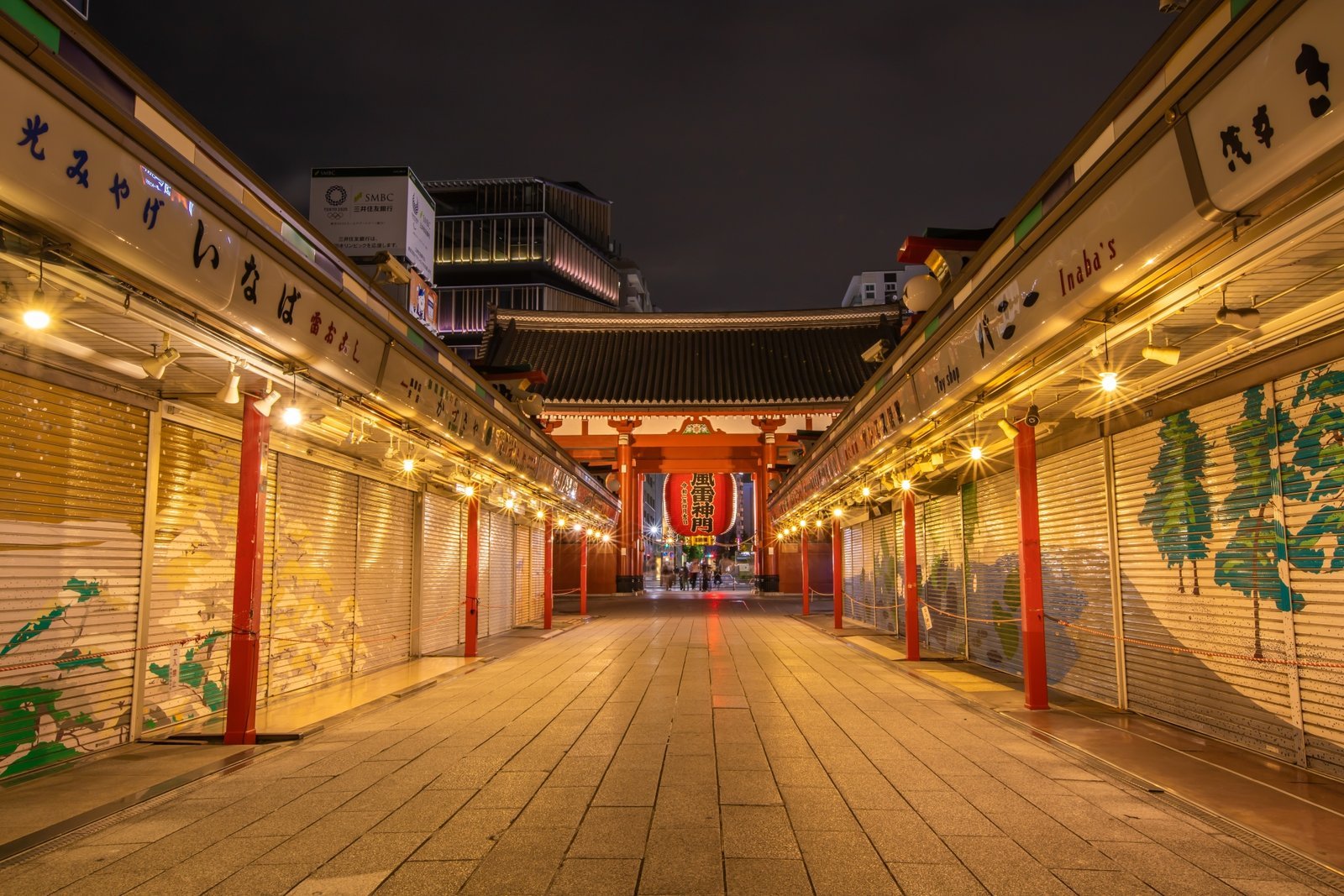 Nakamise-dori at night near Senso-ji, the Asakusa streets where wagashi culture has lived since the Edo period