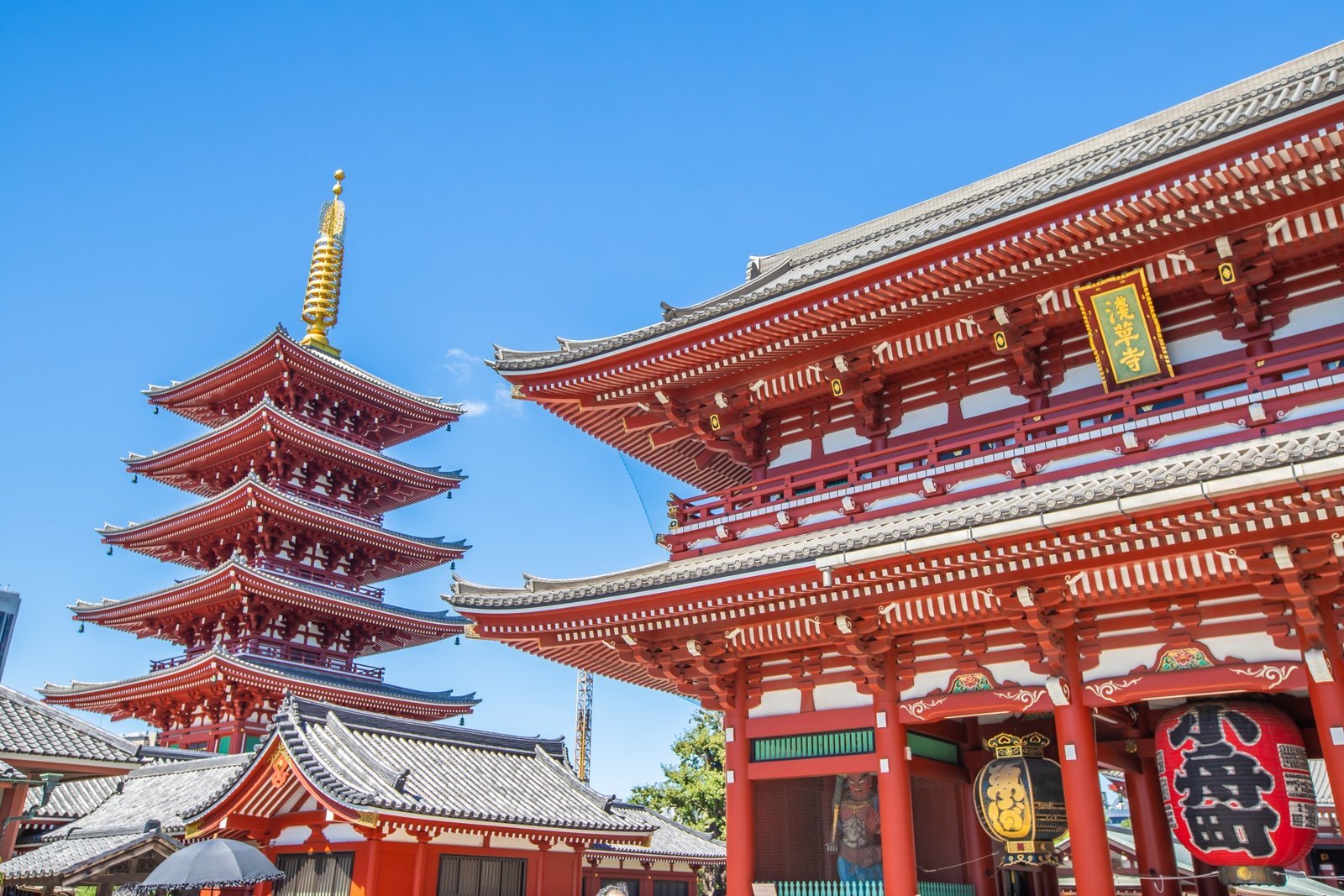 The five-story pagoda and main hall of Senso-ji temple in the early morning, before the crowds arrive