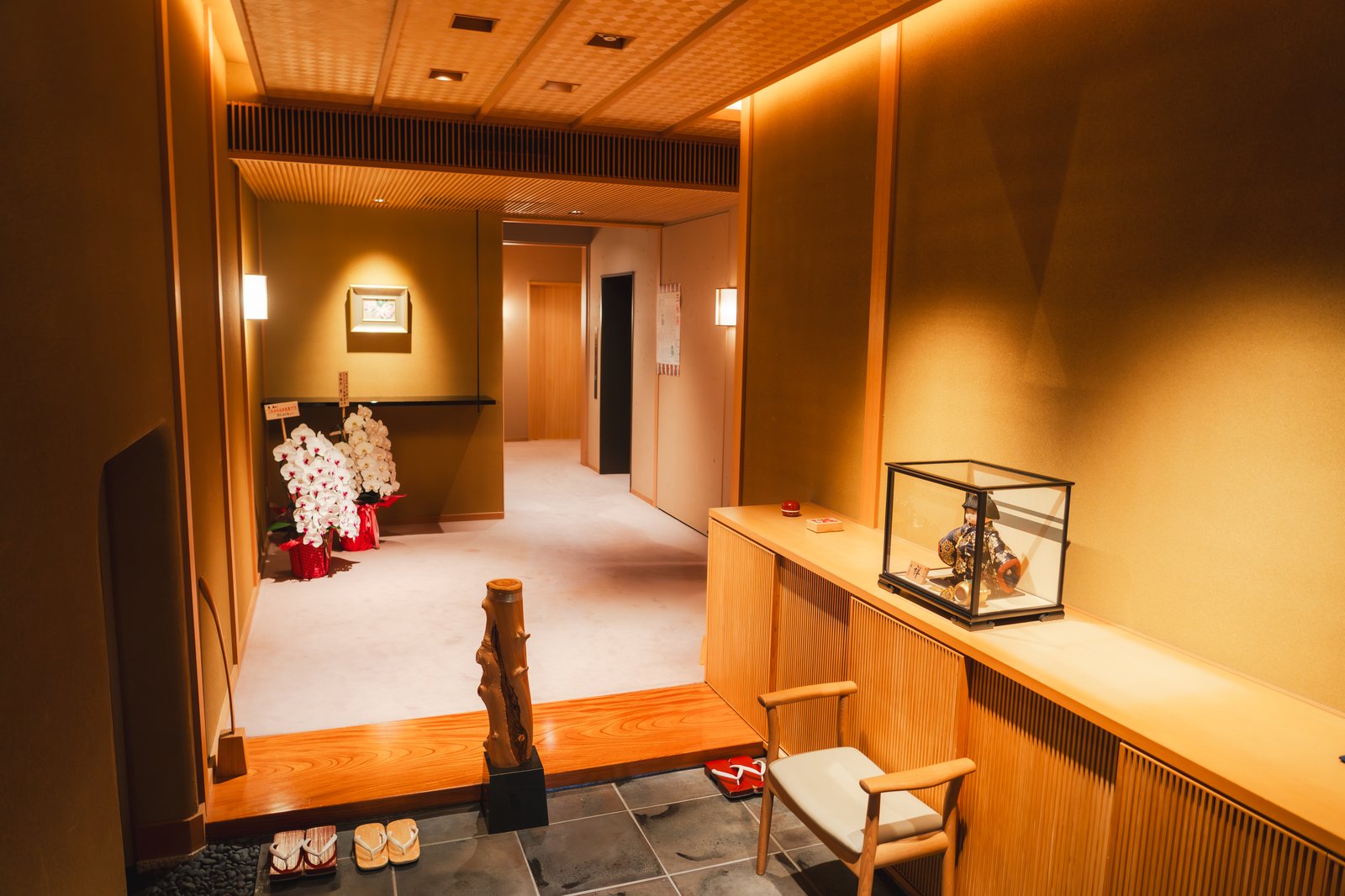 1 - Asakusa Miyakodori Entrance hall of a geisha tea house with sandals lined up at the step