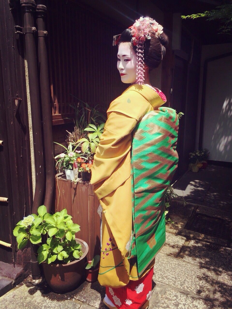 A dancer in the Kyoto maiko style, with a long dangling obi and cascading hair ornaments, shown for comparison