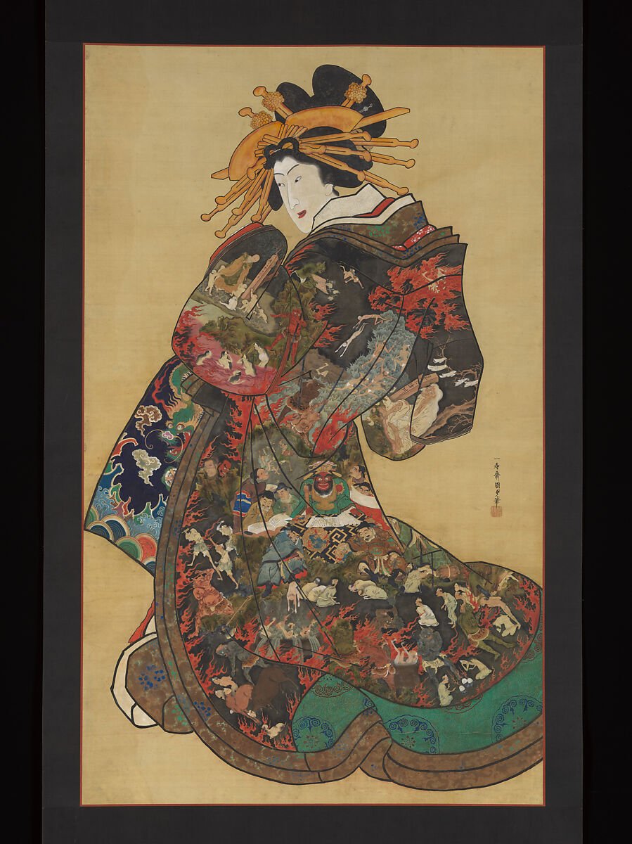 An ukiyo-e print of an oiran, her hair crowned with many large hairpins