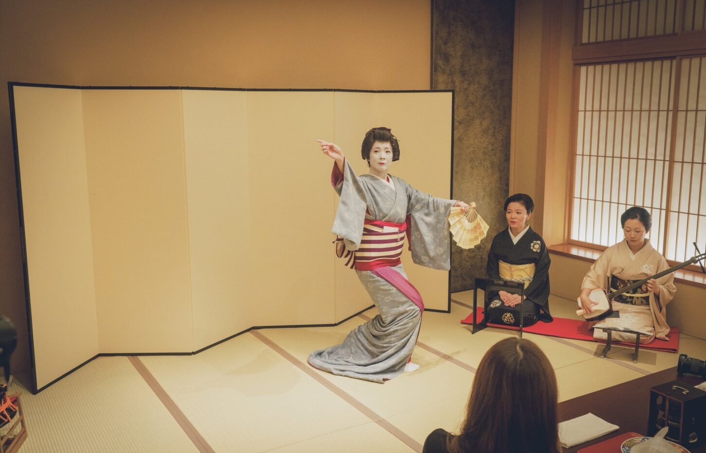 A tachikata dancer and a jikata musician performing together at a private Asakusa ozashiki
