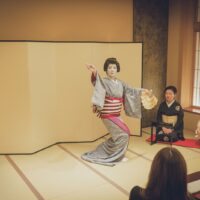 A tachikata dancer and a jikata musician performing together at a private Asakusa ozashiki