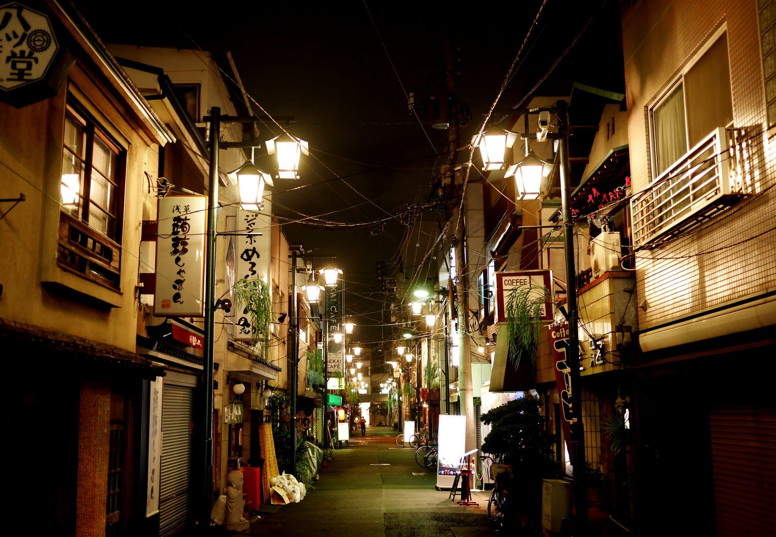 A quiet backstreet in an Asakusa hanamachi district in the evening, the kind of setting where ryotei and machiai-chaya houses developed