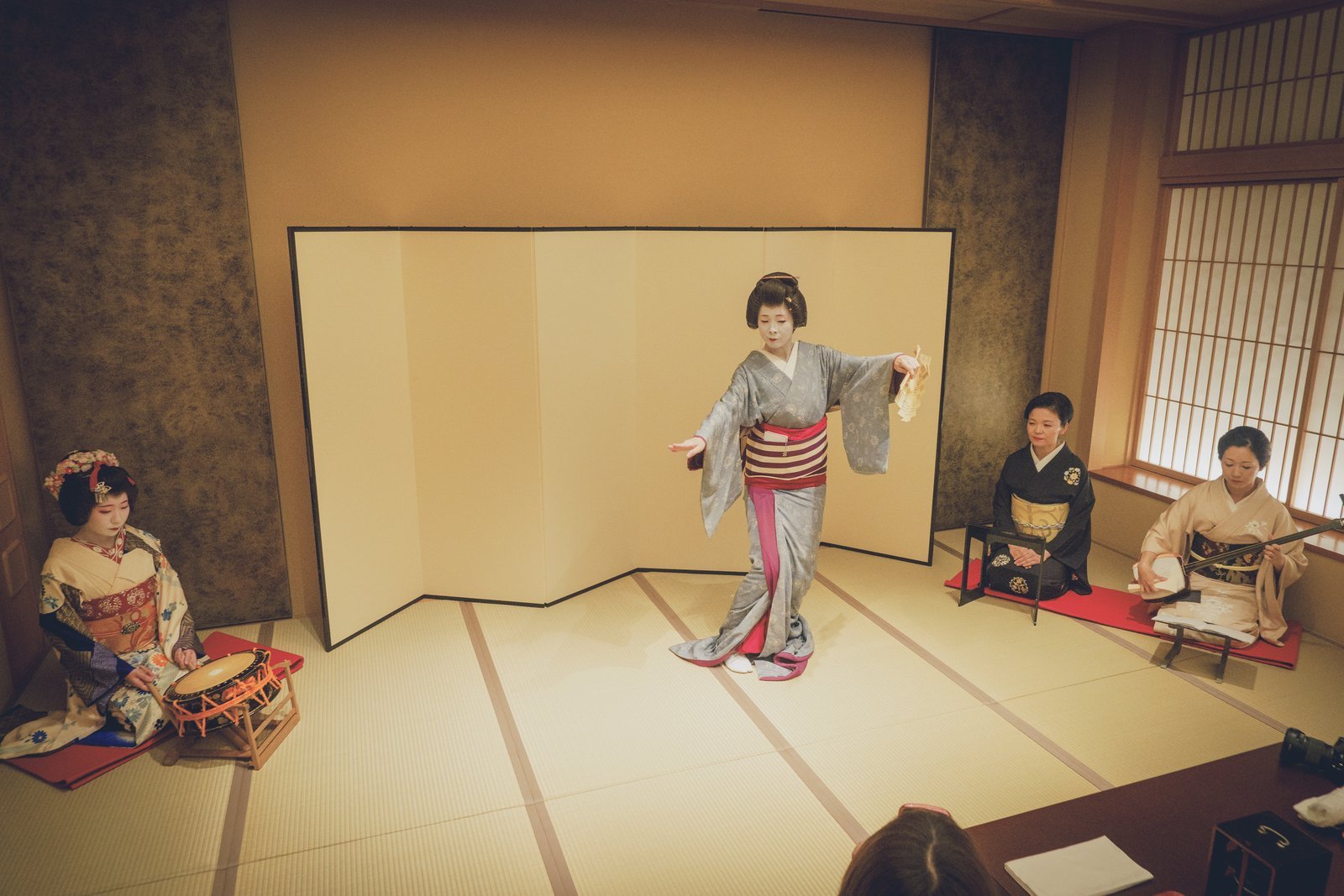 An Asakusa geisha performing to live shamisen in a private tatami room in the evening, the same kind of evening a machiai-chaya or ryotei still offers today